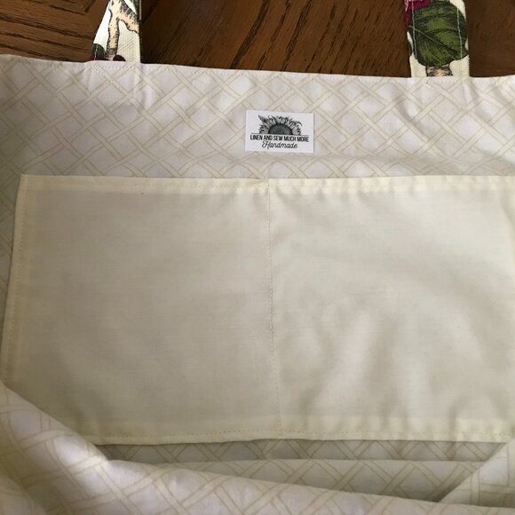 Handmade Women's Floral Bird Yellow Canvas Tote Bag with pocket, Large Unique - Picture 6 of 9